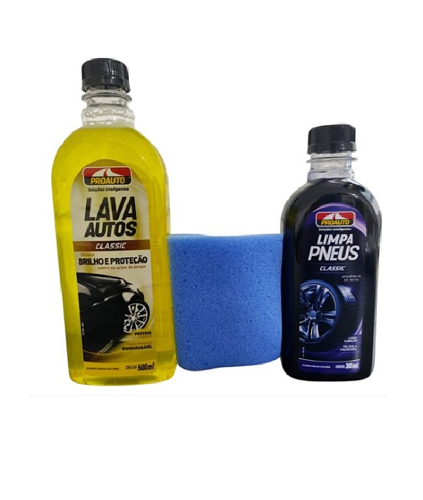 Kit Glass Lava Autos Classic + Limpa Pneus +  Esponja - Proauto - Lava Auto Classic 500ml + Limpa Pneus 300Ml