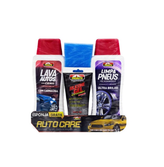 Kit Auto Care C/ Silicone Gel, Limpa Pneu, Lava Auto com Cera e Esponja -  Proauto