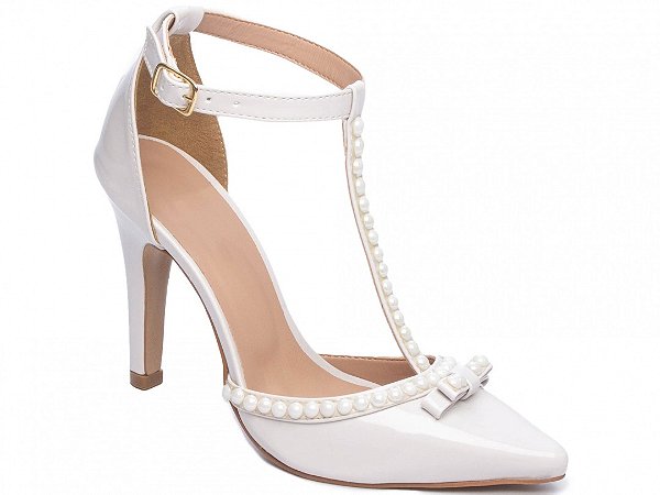 Sapato Feminino Social Scarpin Branco Com Pérolas Luxo - KeroMais Calçados