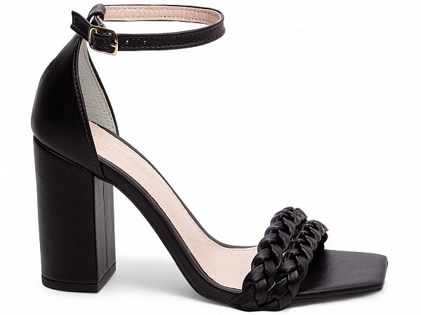 Sandália Feminina Flora Salto Grosso Preto Trançado