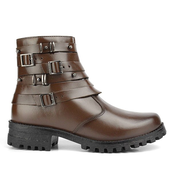 Coturno Feminino Juliete Couro com Fivelas Marrom Capuccino