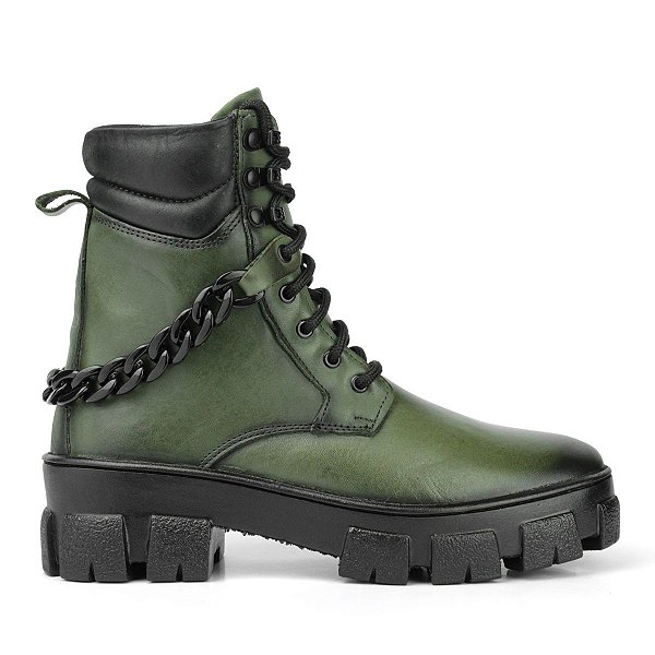 Coturno Feminino Ester Couro Corrente Verde Militar