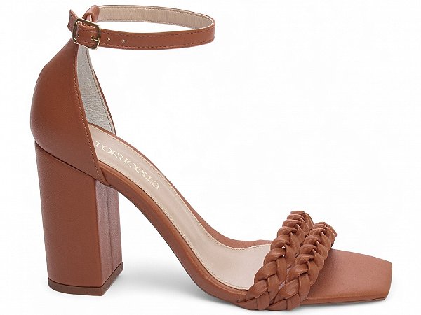 Sandália Feminina Flora Salto Grosso Caramelo Trançado