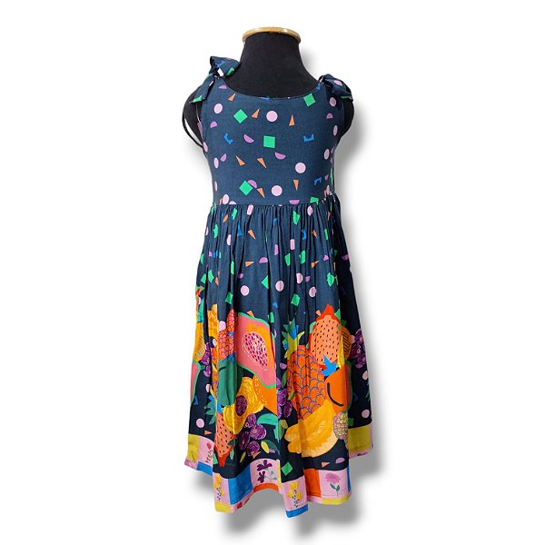 Vestido de  Viscose  com Alça Laço e Estampa Digital Salada de Frutas