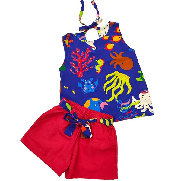 Conjunto Blusa de Viscose de Estampa Digital com Short em Microfibra Peletizada Fundo do Mar