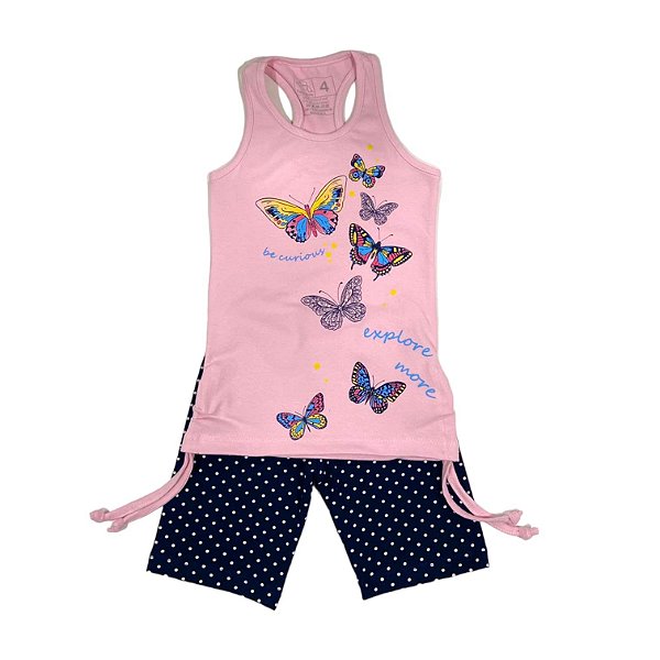 Conjunto Cotton Regata Nadadora e Short Ciclista Borboletas Curiosas