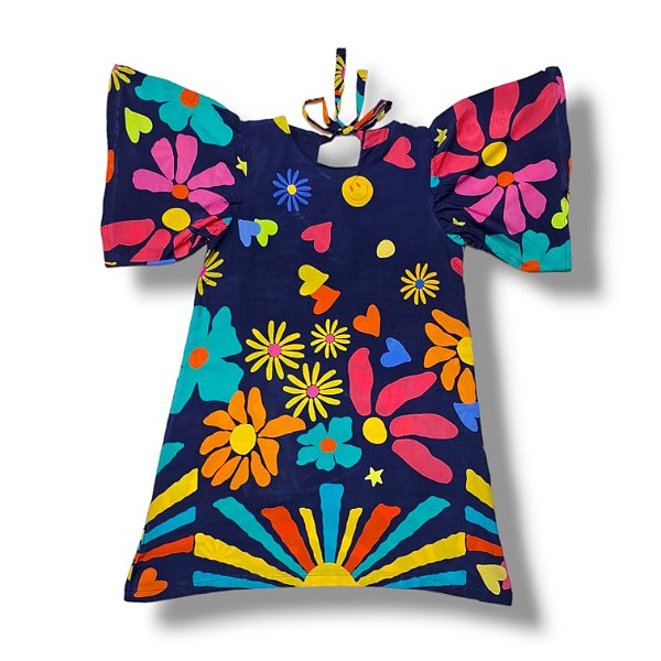 Vestido Viscose Estampa Digital e Manga Borboleta Margaridas