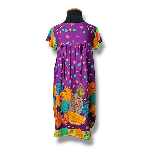 Vestido de Viscose, Estampa Digital com Laço nas Costas Salada de Frutas