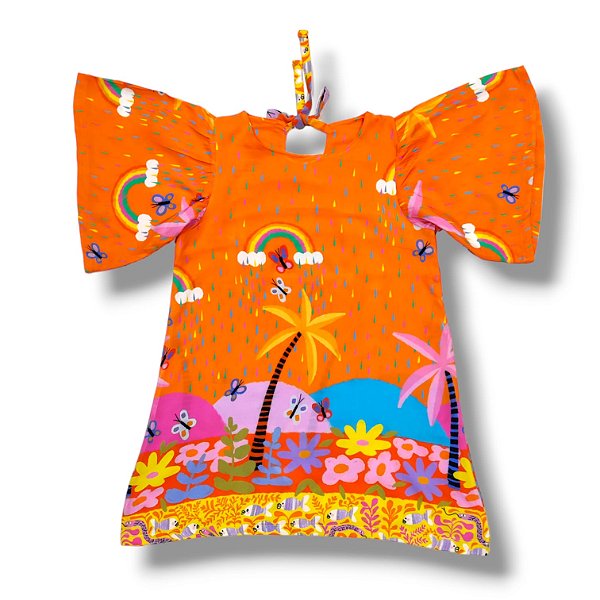 Vestido de Viscose Estampa Digital com Manga Borboleta Chuva Tropical