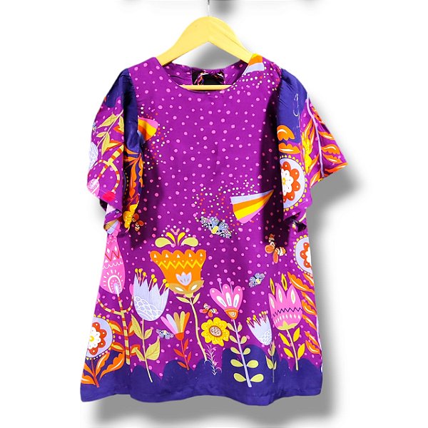 Vestido de Viscose Estampa Digital Manga Borboleta Jardim Noturno