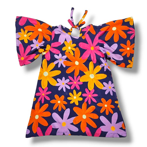 Vestido Viscose Estampa Digital Manga Borboleta Jardim de Margaridas