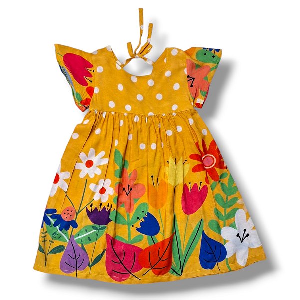 Vestido de Viscose, Estampa Digital com Laço nas Costas Tulipas