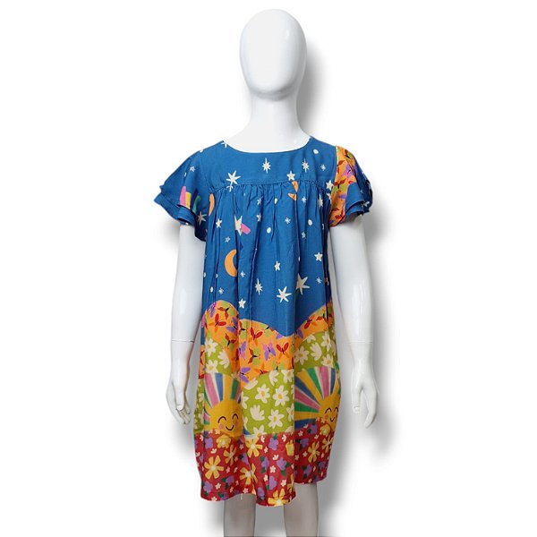 Vestido de Viscose Estampa Digital com Manga Dupla e Laço nas Costas NOITE & DIA