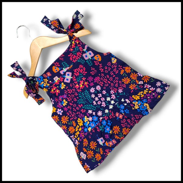 Blusa de Viscose com Alça Laço e Babado Flores Delicadas