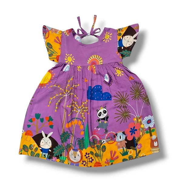 Vestido Estampa Digital babados e Laço nas Costas Filhotinhos