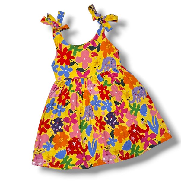 Vestido de Viscose Estampa Digital com Alça Laço Elefantinhos e Margaridas