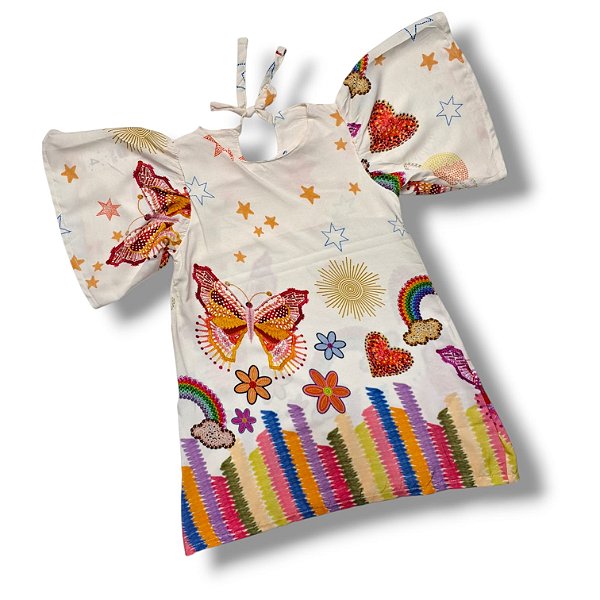 Vestido de Viscose Estampa Digital com Manga Borboleta Arte Fantástica.