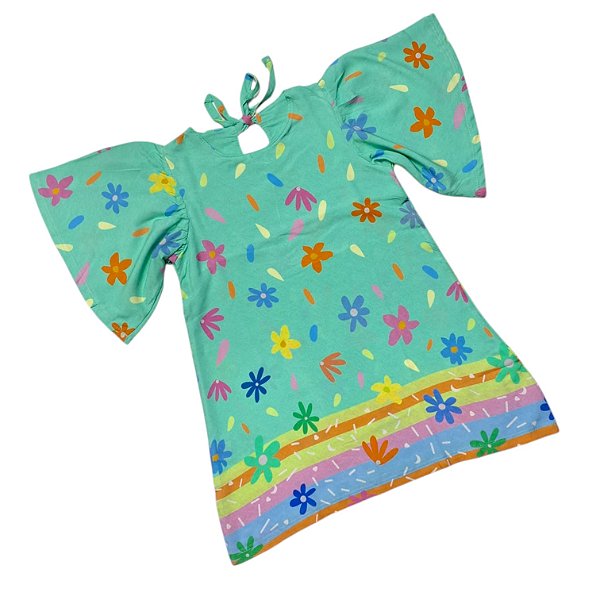 Vestido de Viscose Estampa Digital e Manga Borboleta Pétalas