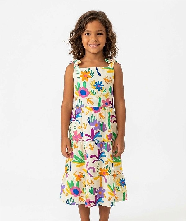 Vestido de Viscose Estampa Digital com Alça Laço Alegria