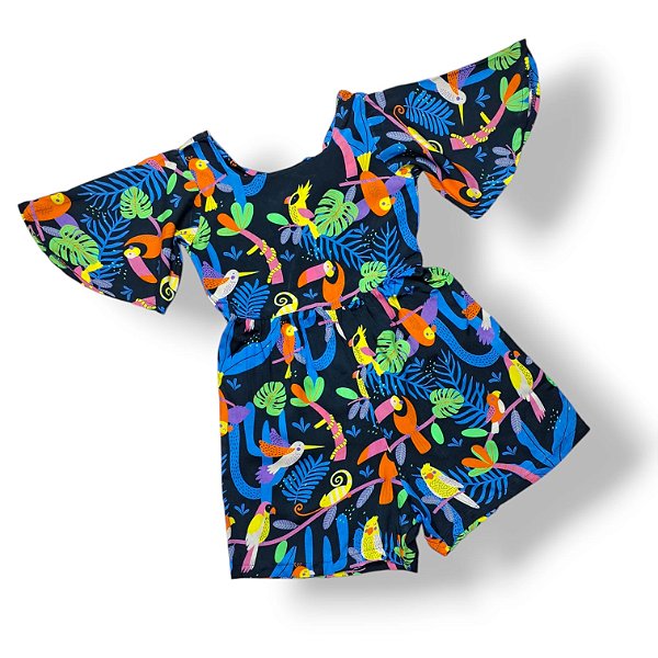 Macaquinho Estampa Digital com Manga Curta Passarinhos