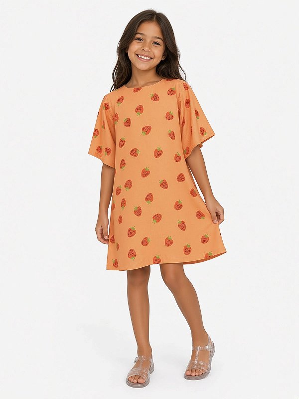 Vestido de Viscose, Estampa Digital com Laço nas Costas Morango