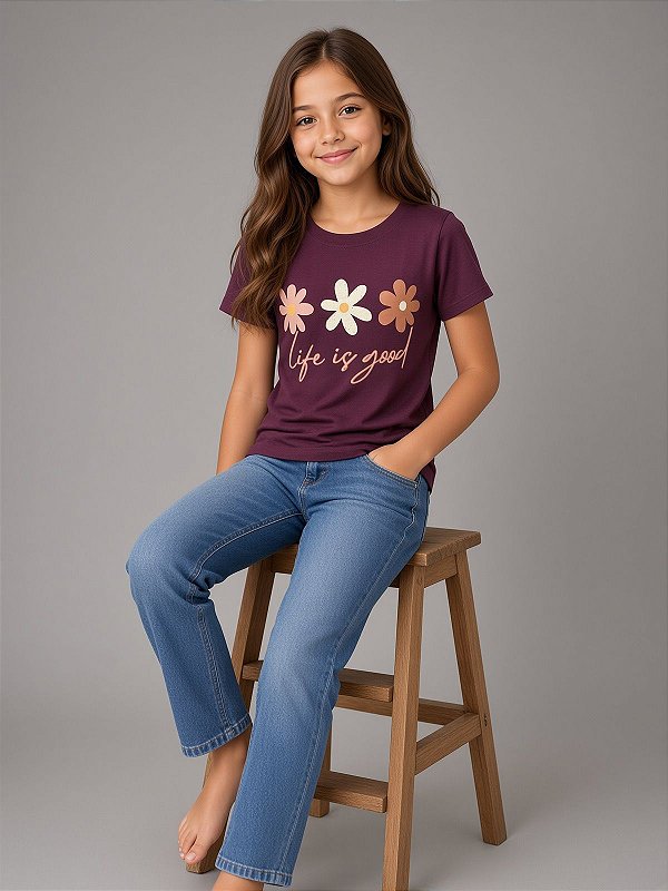 Blusa Manga Curta Infantil Menina Em Viscolycra Margaridas