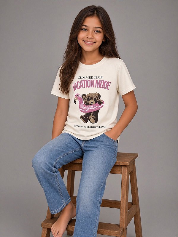 Blusa Manga Curta Infantil Menina Em Viscolycra Boia de Flamingo