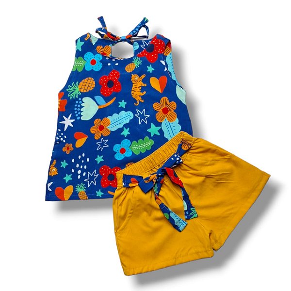 Conjunto Blusa de Viscose de Estampa Digital com Short em Microfibra Peletizada Primavera Indiana