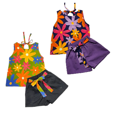 Conjunto Blusa de Viscose de Estampa Digital com Short em Microfibra Peletizada Jardim de Margaridas