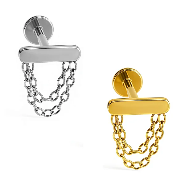 Labret Barrinha com duas Correntes em Titânio