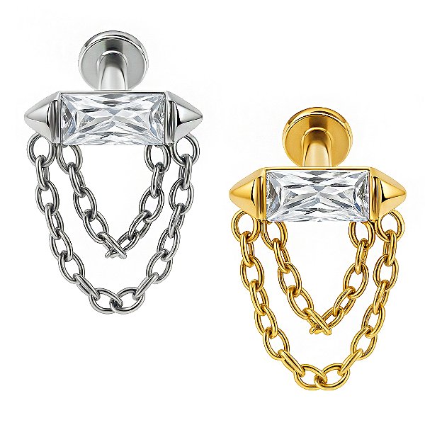 Baguete de Zircônia com Correntes Labret Titânio