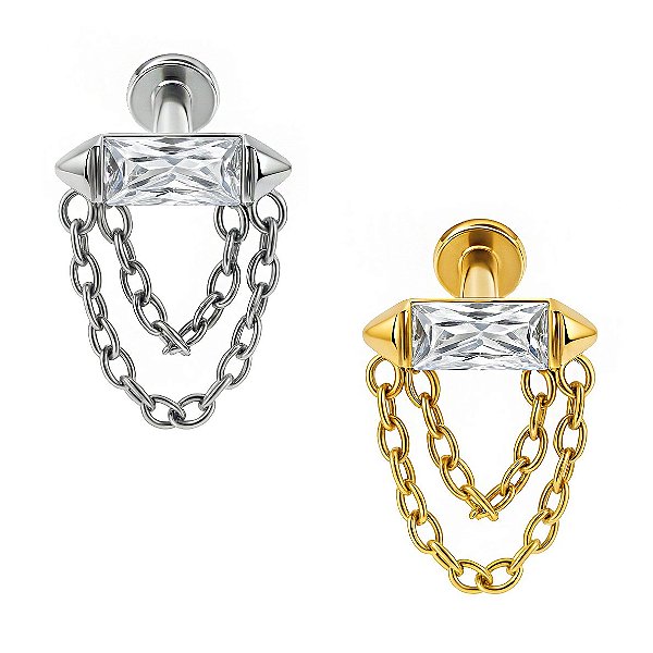 Baguete de Zircônia com Correntes Labret Titânio