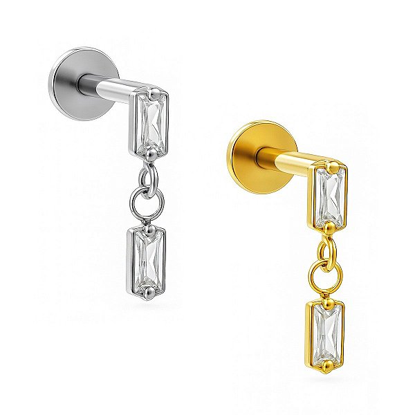 Labret Pendurado de Titânio Duas Baguetes de Zircônia