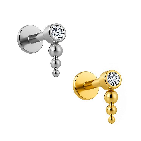 Labret Pontilhado de Titânio com 1 Zircônia e 3 Beads Push Pin