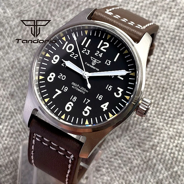 Tandorio,Relógio piloto de mergulho 20ATM automático vidro safira, inox 316L, Seiko Nh35a Importado