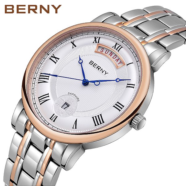 Berny relógio quartz 40mm, espessura 8.5mm, calibre vj55 aço inox vidro safira luxo 3ATM Importado