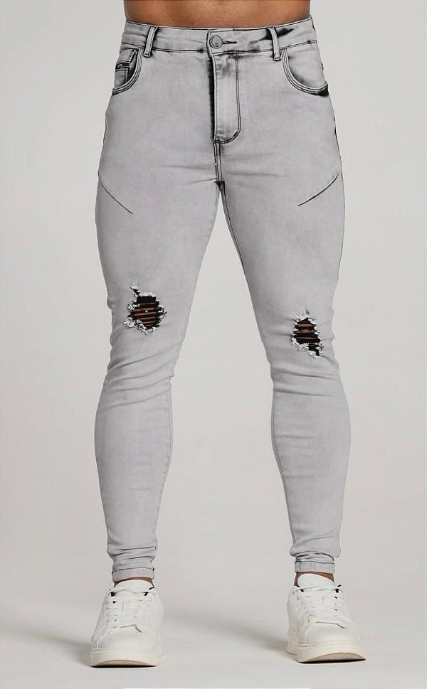 CALÇA SKINNY C/ ELASTANO RASGADA CINZA