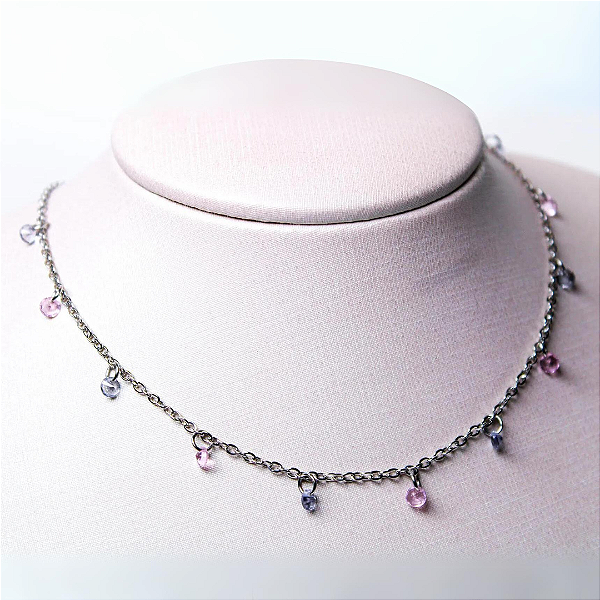Chocker Mini Zircônias Rosa e Lilás em Aço Inoxidável - Cód.: AAI0025P