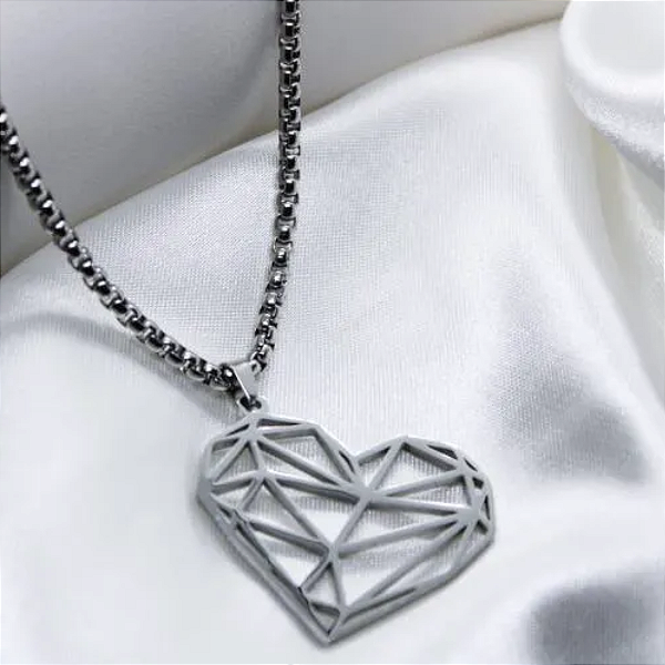 Colar Coração Diamante, 60cm em Aço Inoxidável - Cód.: AAI0023P