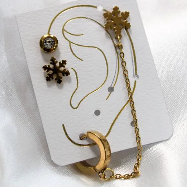 Kit Brincos Floco de Neve Dourado em Aço Inoxidável - Cód.: 00010D