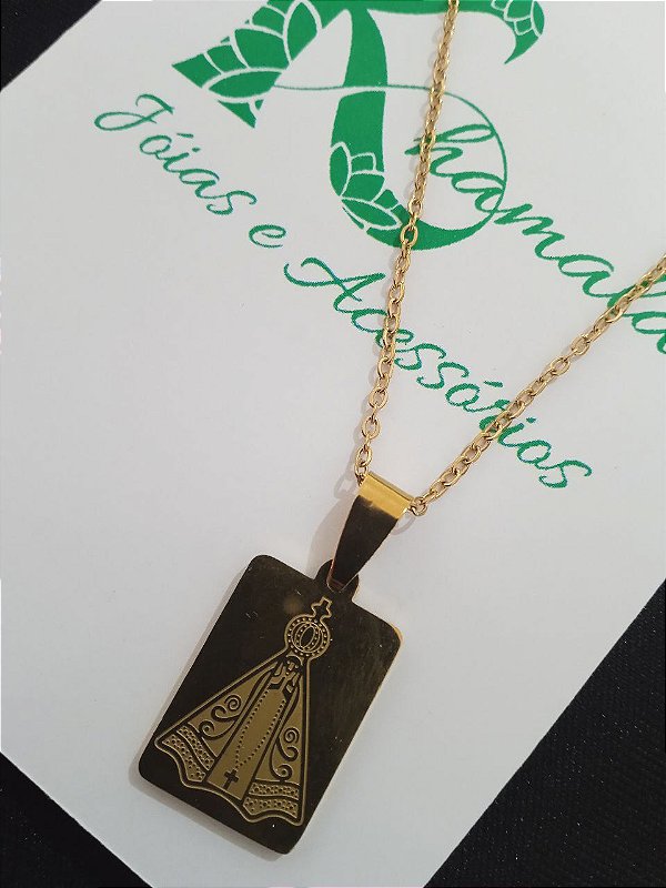 Colar Nossa Senhora de Aparecida em Aço Inox Dourado Quadrado