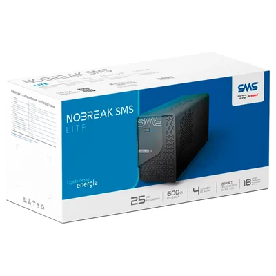 Nobreak SMS Lite 600VA, Entrada Bivolt, Saída 115V, Senoidal, 4 Tomadas, Preto