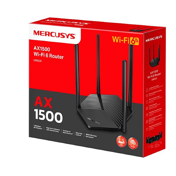 Roteador Mercusys Wireless MR60X, Dual Band, AX1500, Wi-Fi 6, EasyMesh, Gigabit, Preto