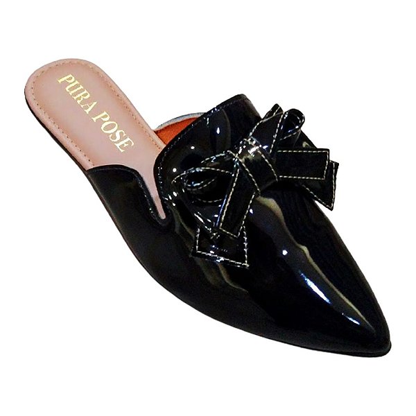 Mule Sapatilha Feminina - Verniz Preto Lação - Pura Pose