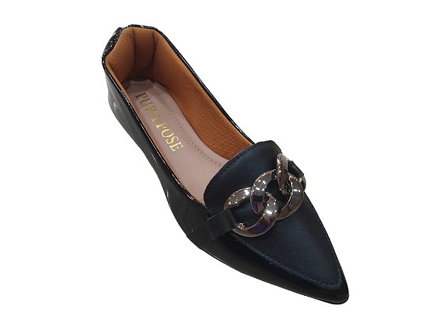 Sapatilha Feminina Mocassim Verniz Preto Corrente Ônix