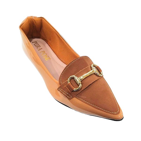 Sapatilha Feminina Mocassim Verniz Caramelo Trapézio Ouro