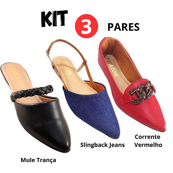 Kit 3 Sapatilha - Mocassim Corrente Vermelho - Slingback Jeans - Mule Trança Preto