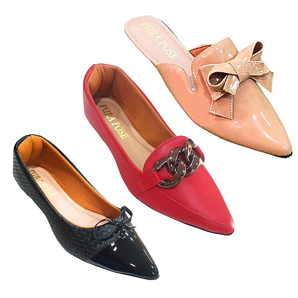 Kit 3 Sapatilha Mocassim Corrente Vermelho - Sapatilha Tressê Pto - Mule Lação Nude