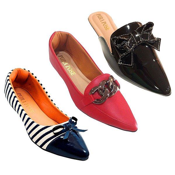 Kit 3 Sapatilha Feminina Listra Marinho - Mocassim Corrente Vermelho - Mule Lação Pto