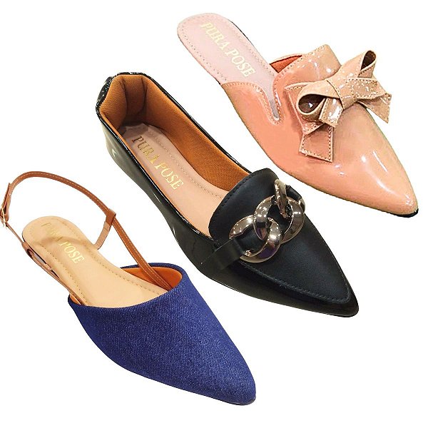 Kit 3 Sapatilha Feminina Mocassim Corrente Pto - Slinback Jeans e caramelo - Mule Lação Nude